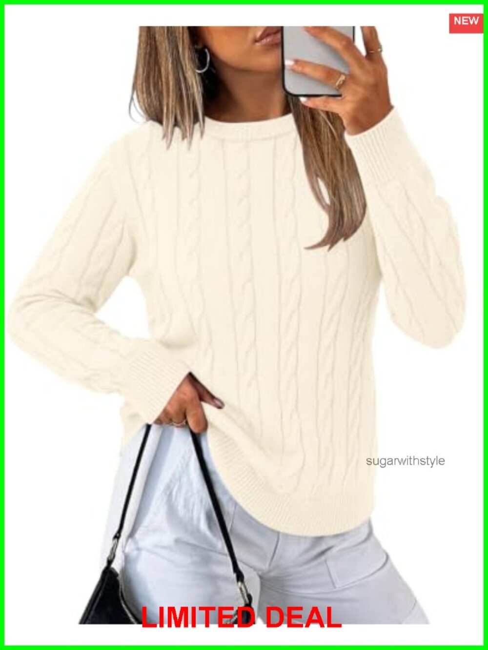 Cable Knit Sweater Long Sleeve Crewneck Relaxed Pullover